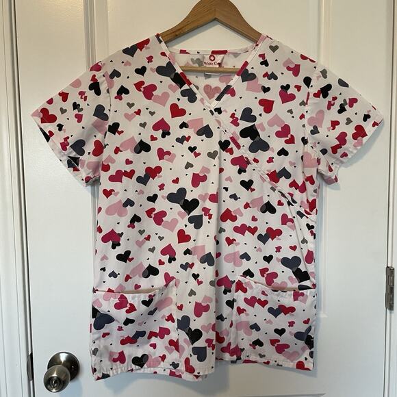 White Cross Tops - White Cross Scrub Top Size Medium Valentines Heart Print Pink Red Pockets EUC